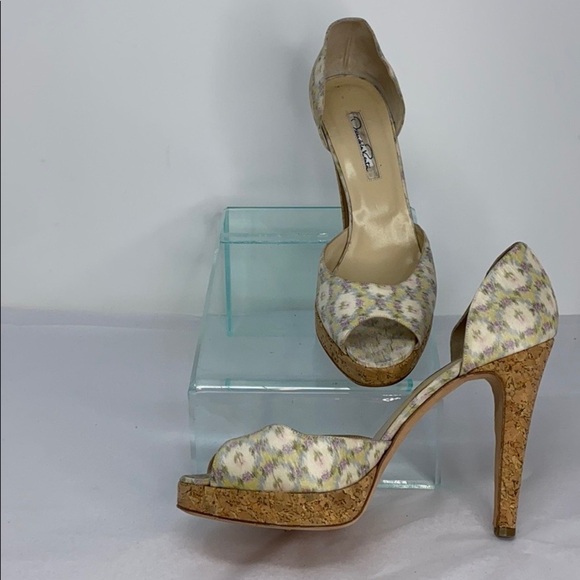 Oscar de la Renta Sz 39 Peep Toe Cork Heel D'orsay - Picture 7 of 12